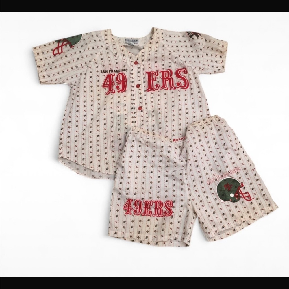 Vintage 90s Esleep Team NFL San Francisco 49ers Flannel Pajama Set Shirt Shorts